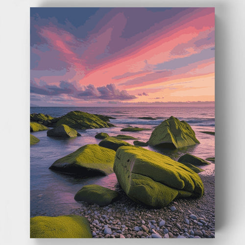Moss-Covered Coastal Rocks at Sunset - Paint by Numbers Kit