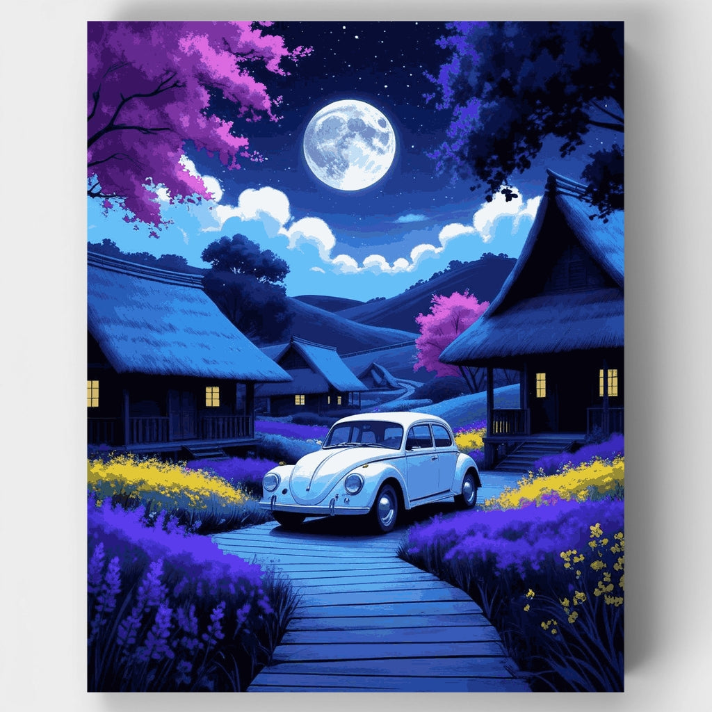 Moonlit Village with Vintage Car - Paint by Numbers Kit