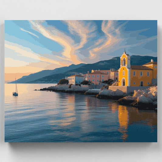 Mediterranean Coastal Village at Sunset - Paint by Numbers Kit