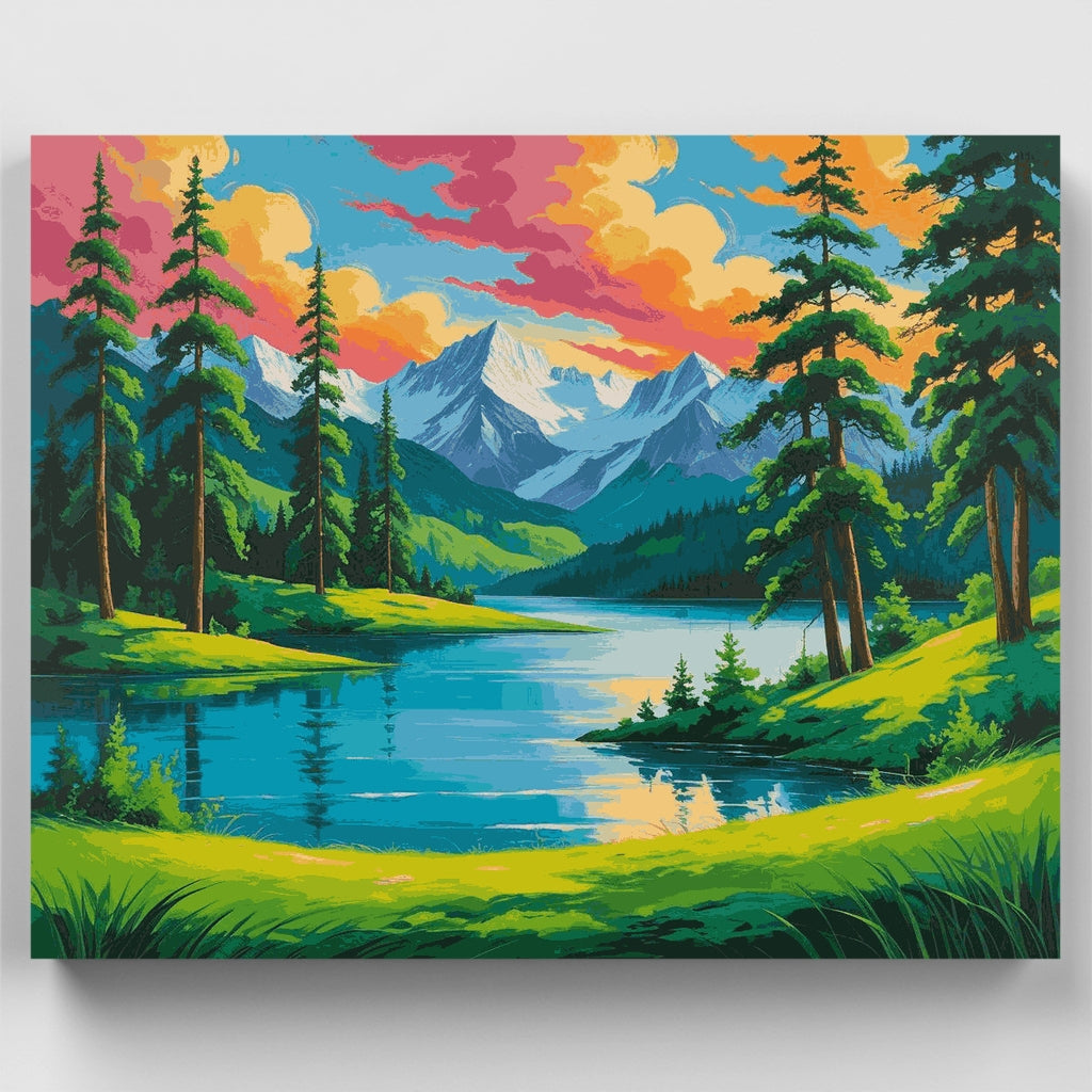 Paraíso en el lago de montaña con bosque de hoja perenne - Kit de pintura por números — Estándar