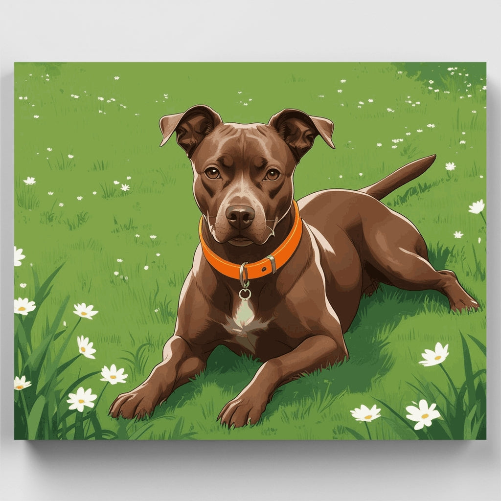 Pitbull marrón en prado de flores - Kit de pintura por números — Estándar