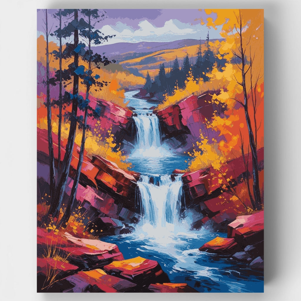 Kit de pintura por números: Cascada de otoño vibrante — Estándar