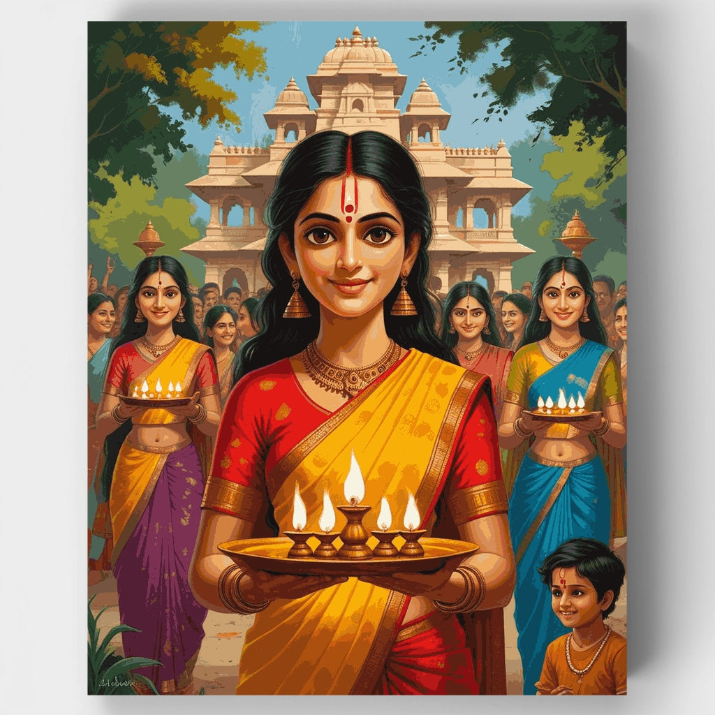 Ceremonia tradicional de Diwali con lámparas de aceite - Kit de pintura por números — Estándar