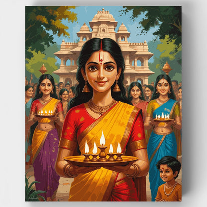 Traditional Diwali Ceremony with Oil Lamps - Paint by Numbers Kit