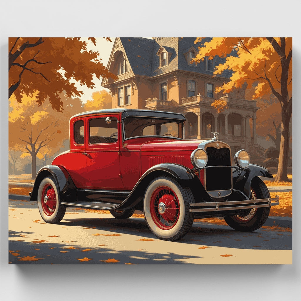 Vintage Red Car in Autumn - Paint by Numbers Kit