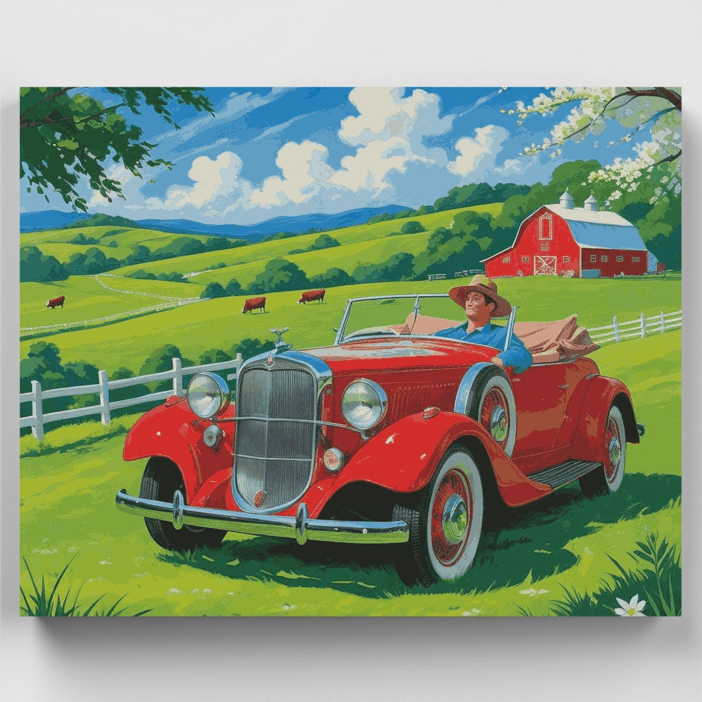 Descapotable rojo clásico en granja rural - Kit de pintura por números — Estándar