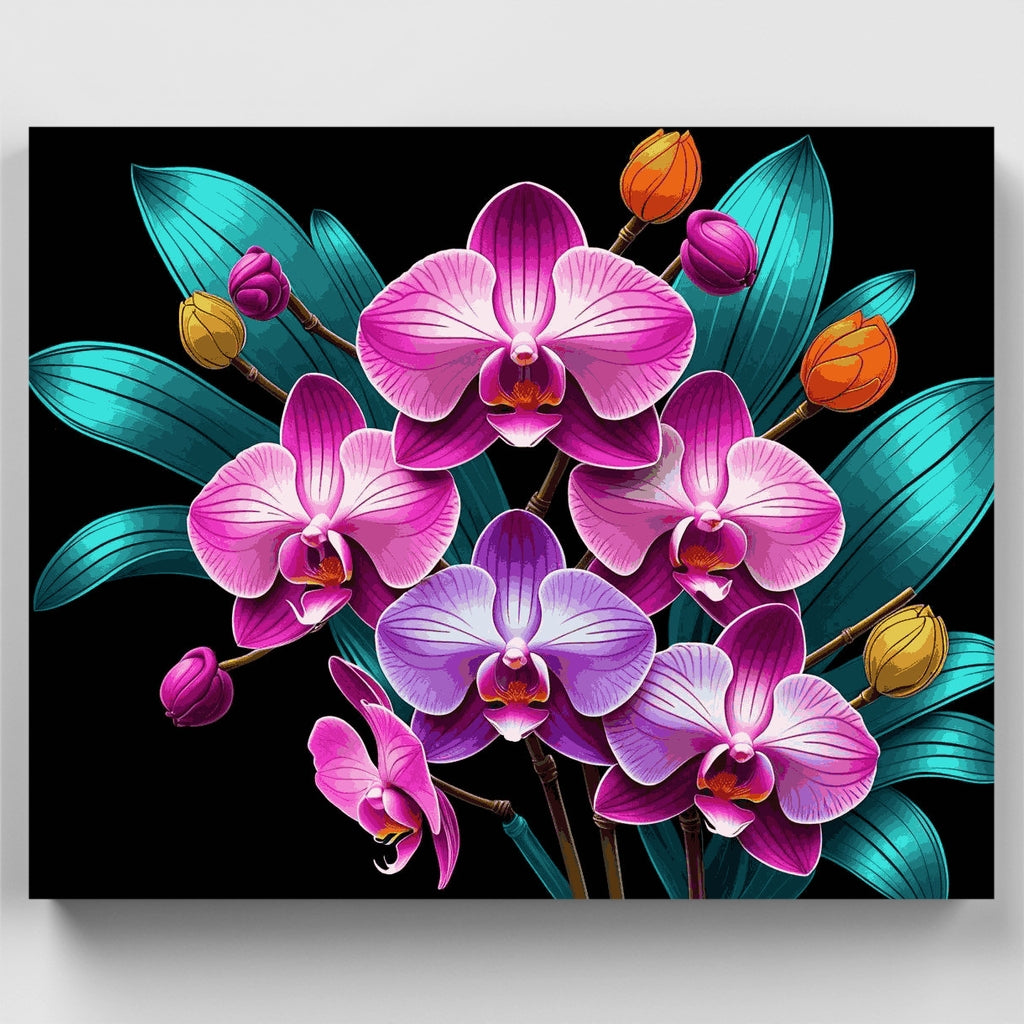 Orquídeas rosas exóticas con hojas turquesa - Kit de pintura por números — Estándar