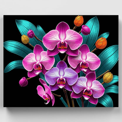 Exotic Pink Orchids with Turquoise Leaves - Paint by Numbers Kit