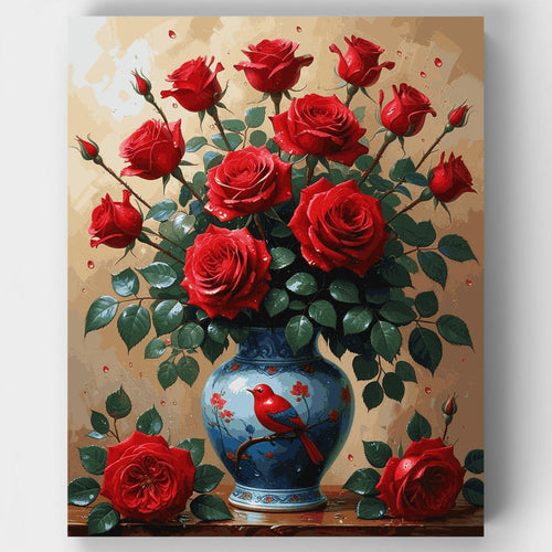 Red Roses in Blue Vase - Paint by Numbers Kit