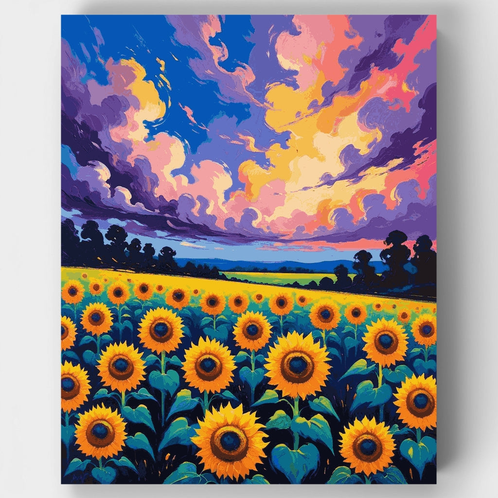 Kit de pintura por números: Atardecer en un campo de girasoles vibrantes — Estándar