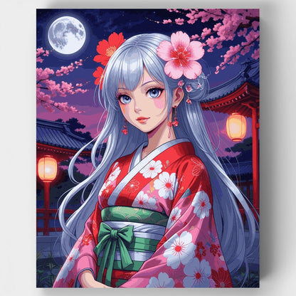 Anime Girl in Traditional Japanese Kimono Under Cherry Blossoms - Paint by Numbers Kit