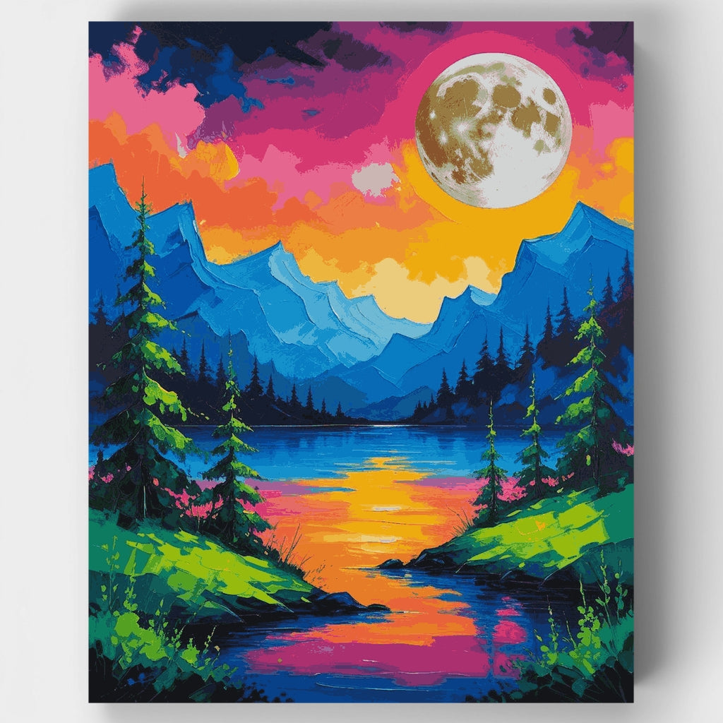 Kit de pintura por números - Salida de la luna sobre lago de montaña vibrante — Estándar