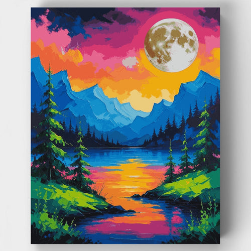 Vibrant Mountain Lake Moonrise - Paint by Numbers Kit