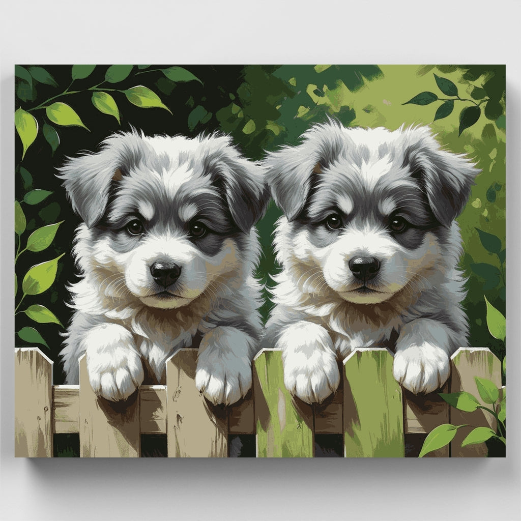 Dos cachorros adorables asomándose por la valla - Kit de pintura por números — Estándar