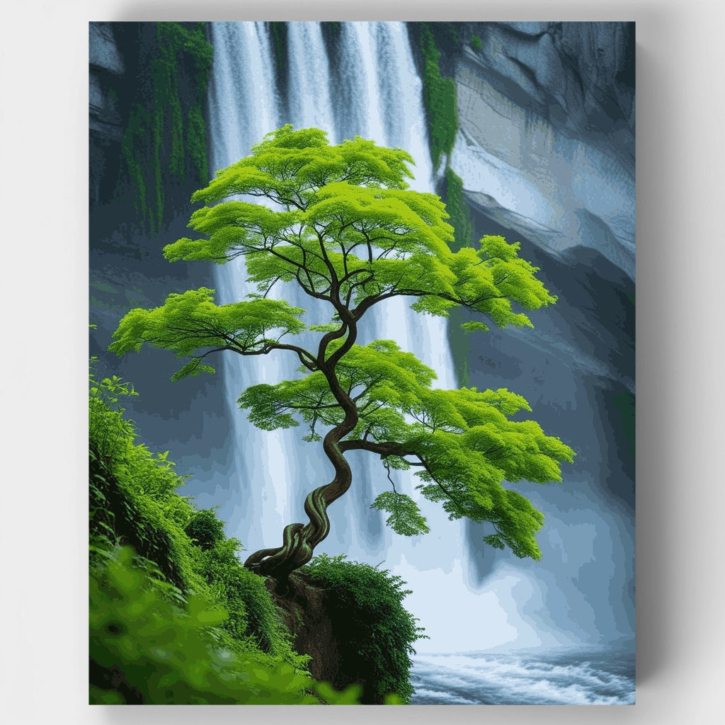 Cascada serena con árbol retorcido - Kit de pintura por números — Estándar