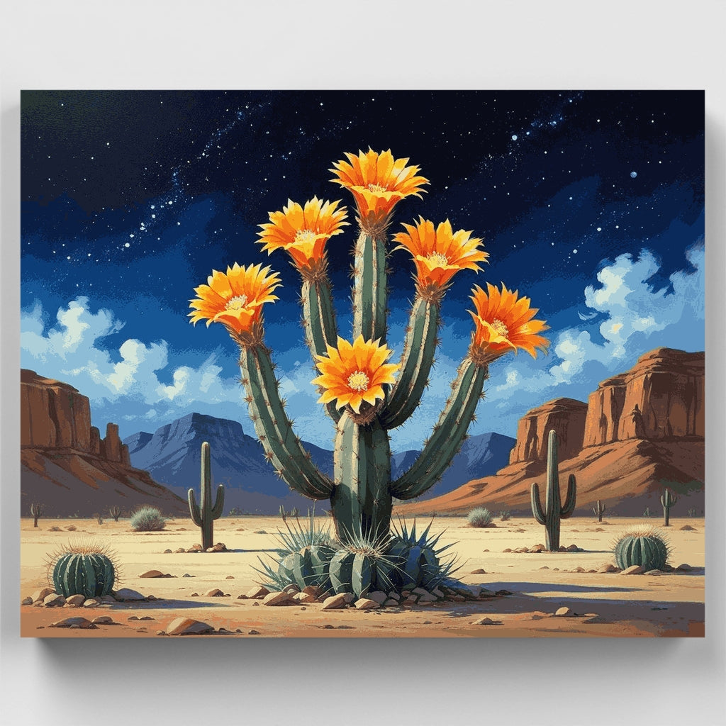 Kit de pintura por números: Cactus del desierto floreciendo bajo un cielo estrellado — Estándar