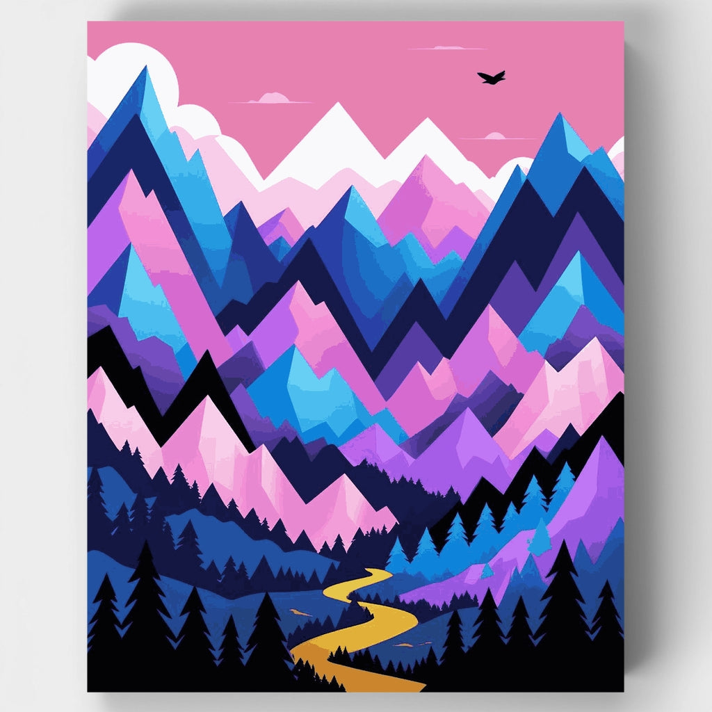 Paisaje montañoso geométrico con camino sinuoso - Kit de pintura por números — Estándar