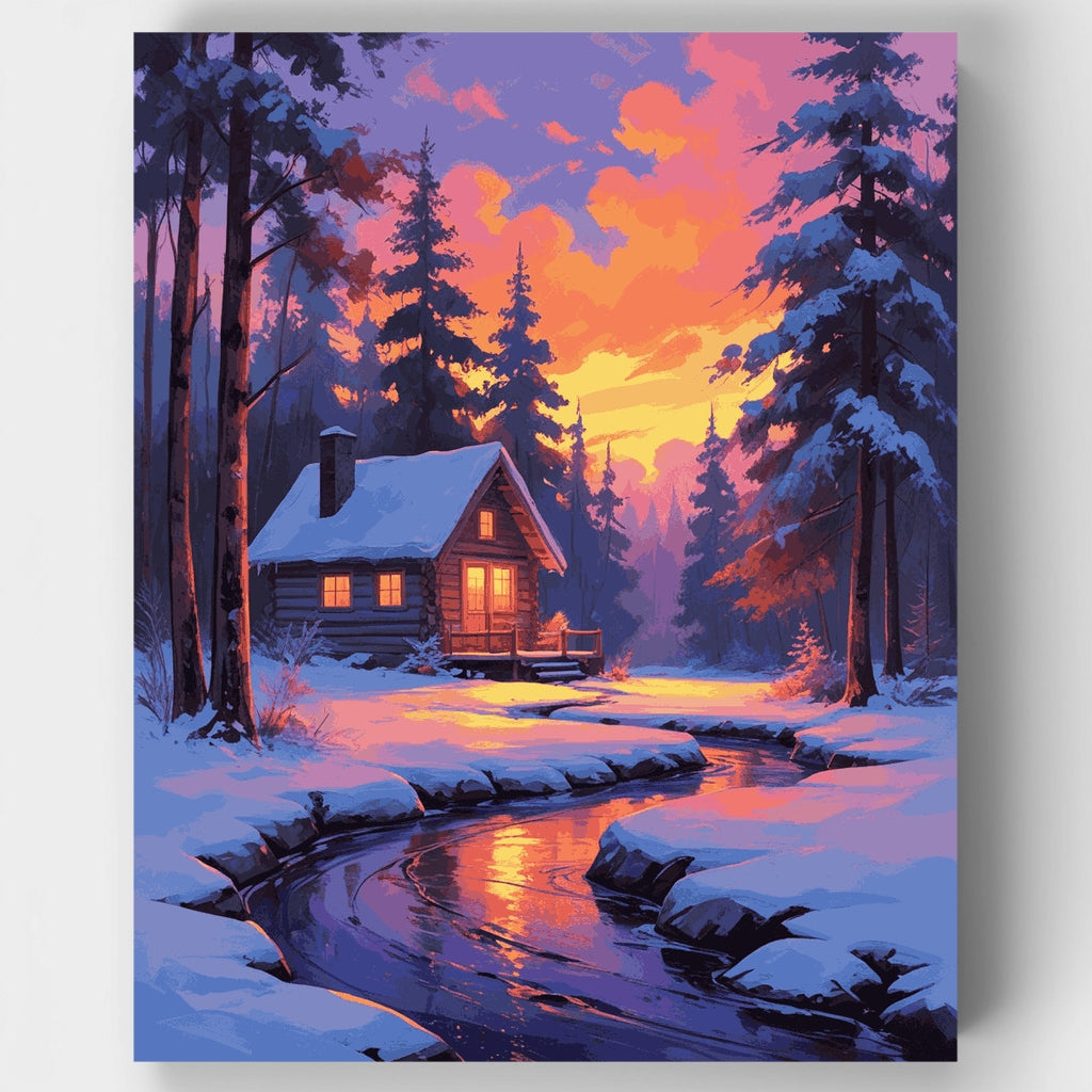 Kit de pintura por números - Atardecer en la cabaña nevada — Estándar