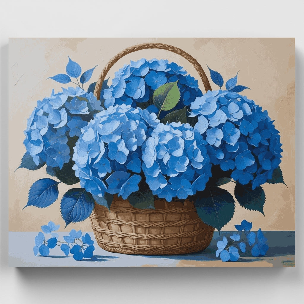 Hortensias azules en cesta de mimbre - Kit de pintura por números — Estándar