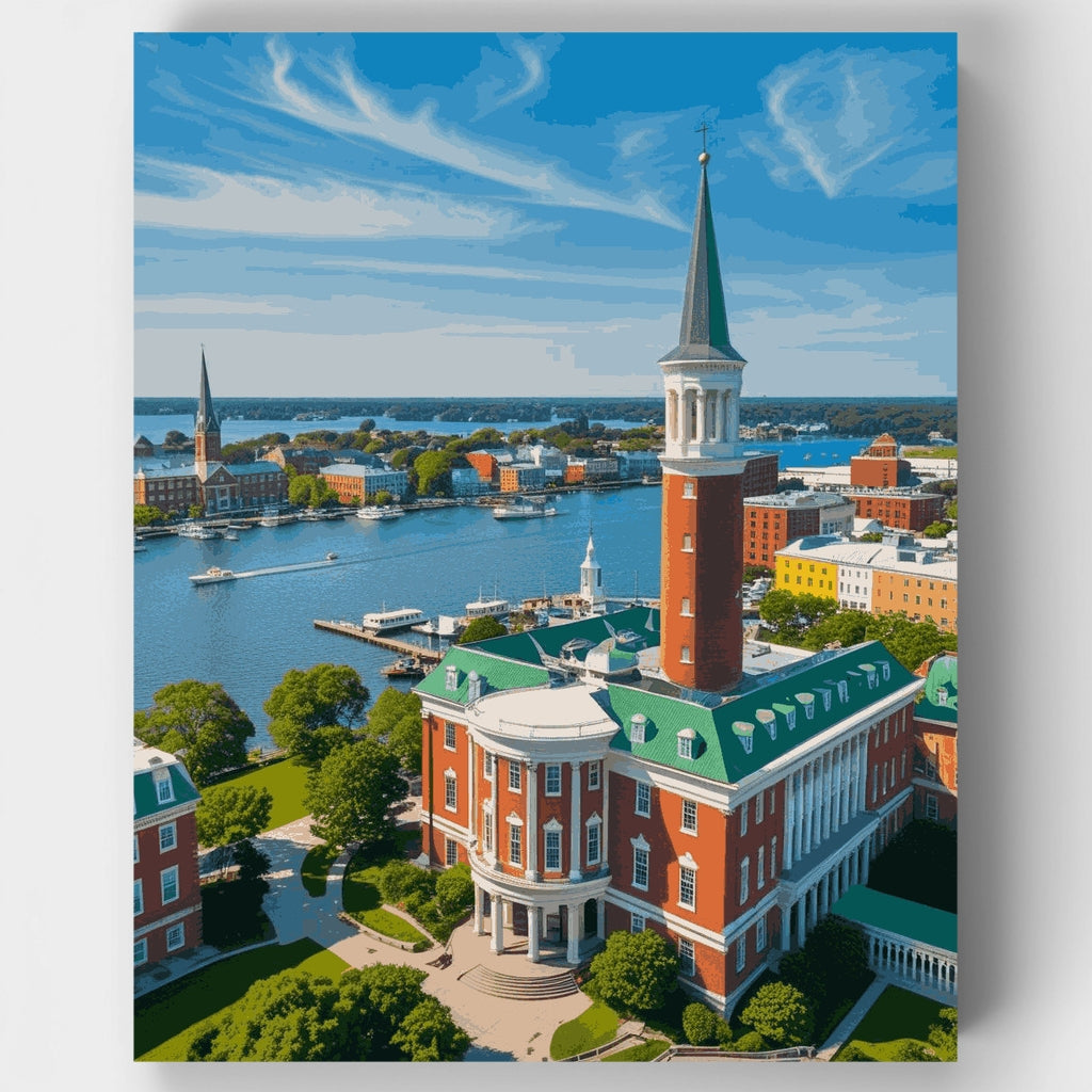 Historic Waterfront City with Red Brick Buildings - Paint by Numbers Kit