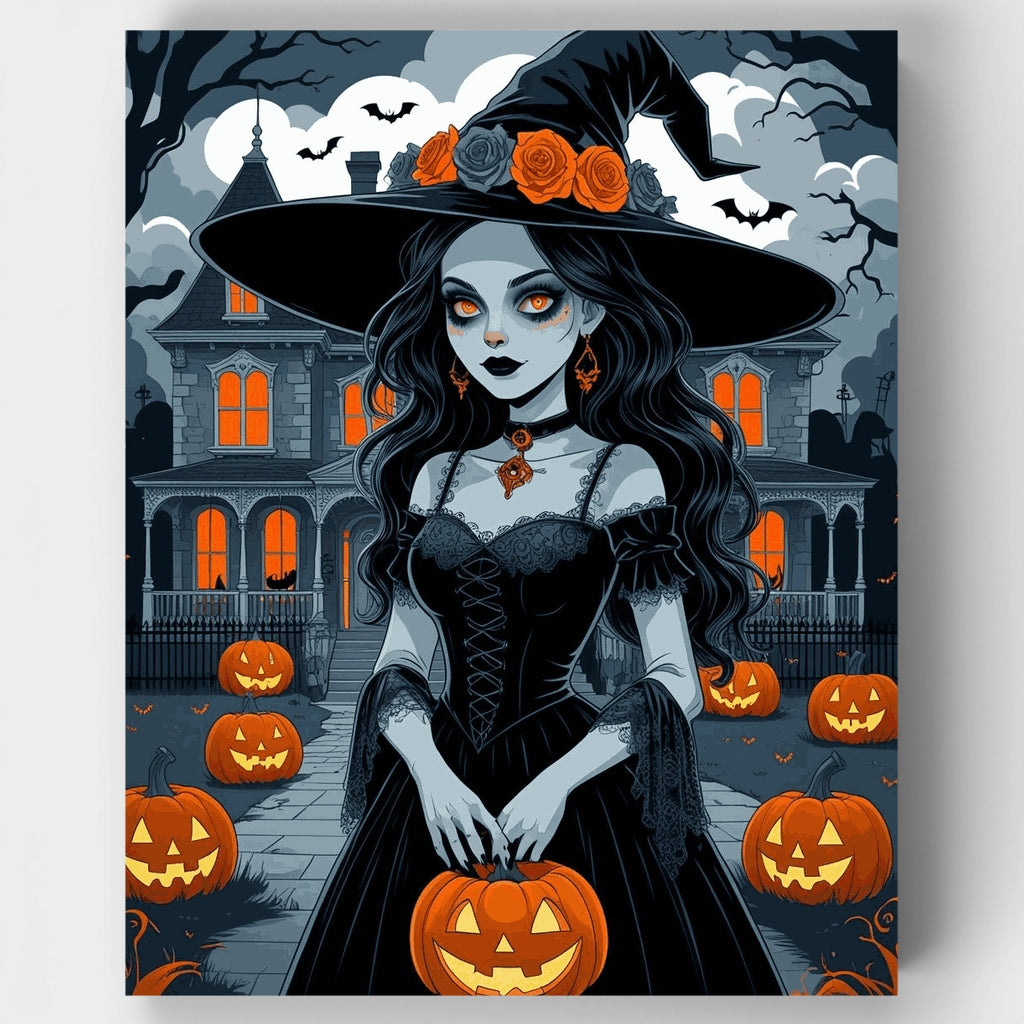 Bruja de Halloween con calabazas - Kit de pintura por números — Estándar