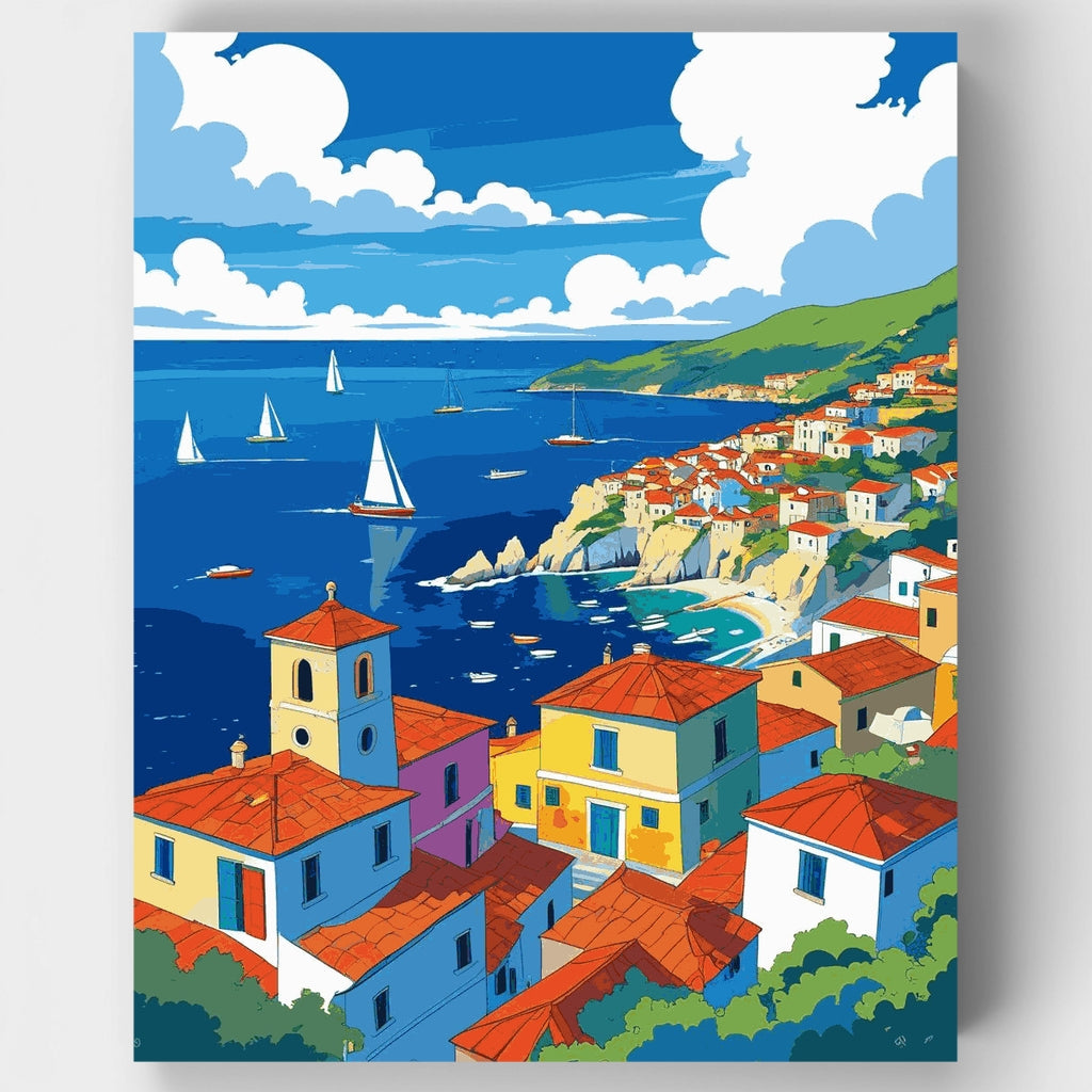 Picturesque Mediterranean Hillside Town with Sailboats - Paint by Numbers Kit