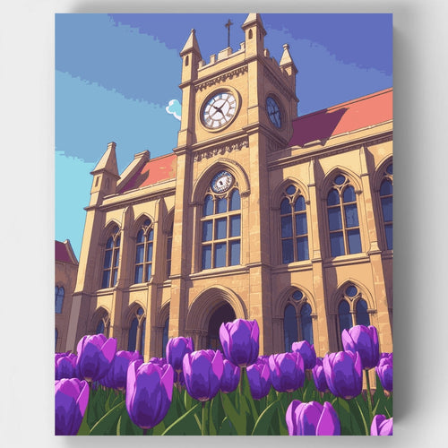 Gothic Cathedral with Purple Tulips - Paint by Numbers Kit