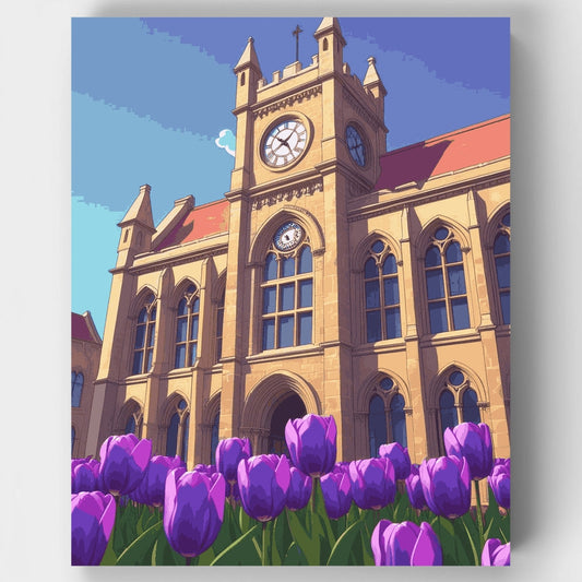 Gothic Cathedral with Purple Tulips - Paint by Numbers Kit