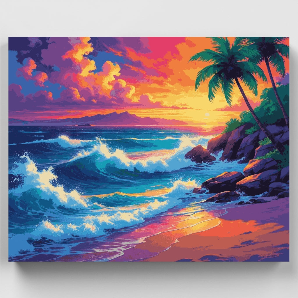 Kit de pintura por números: Atardecer tropical, olas y paraíso — Estándar