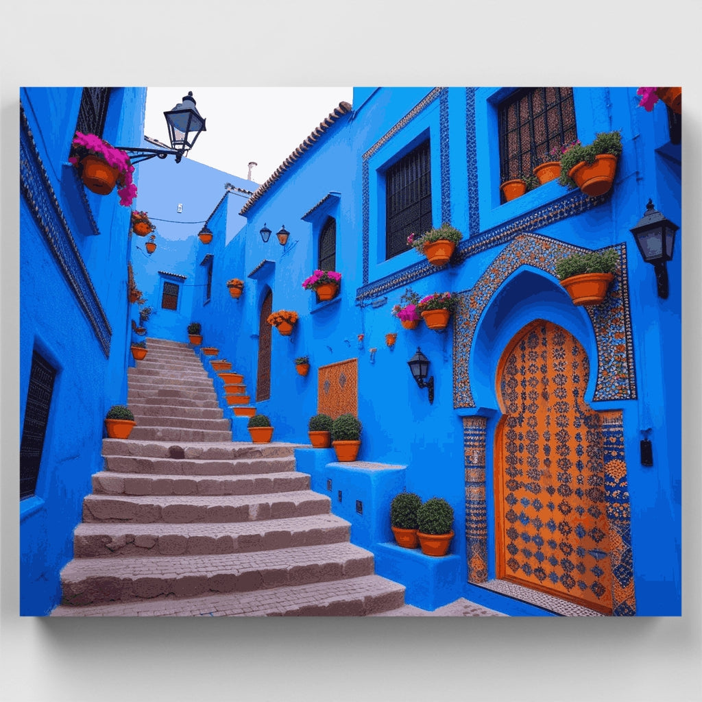 Kit de pintura por números: Patio de la ciudad azul de Marruecos — Estándar