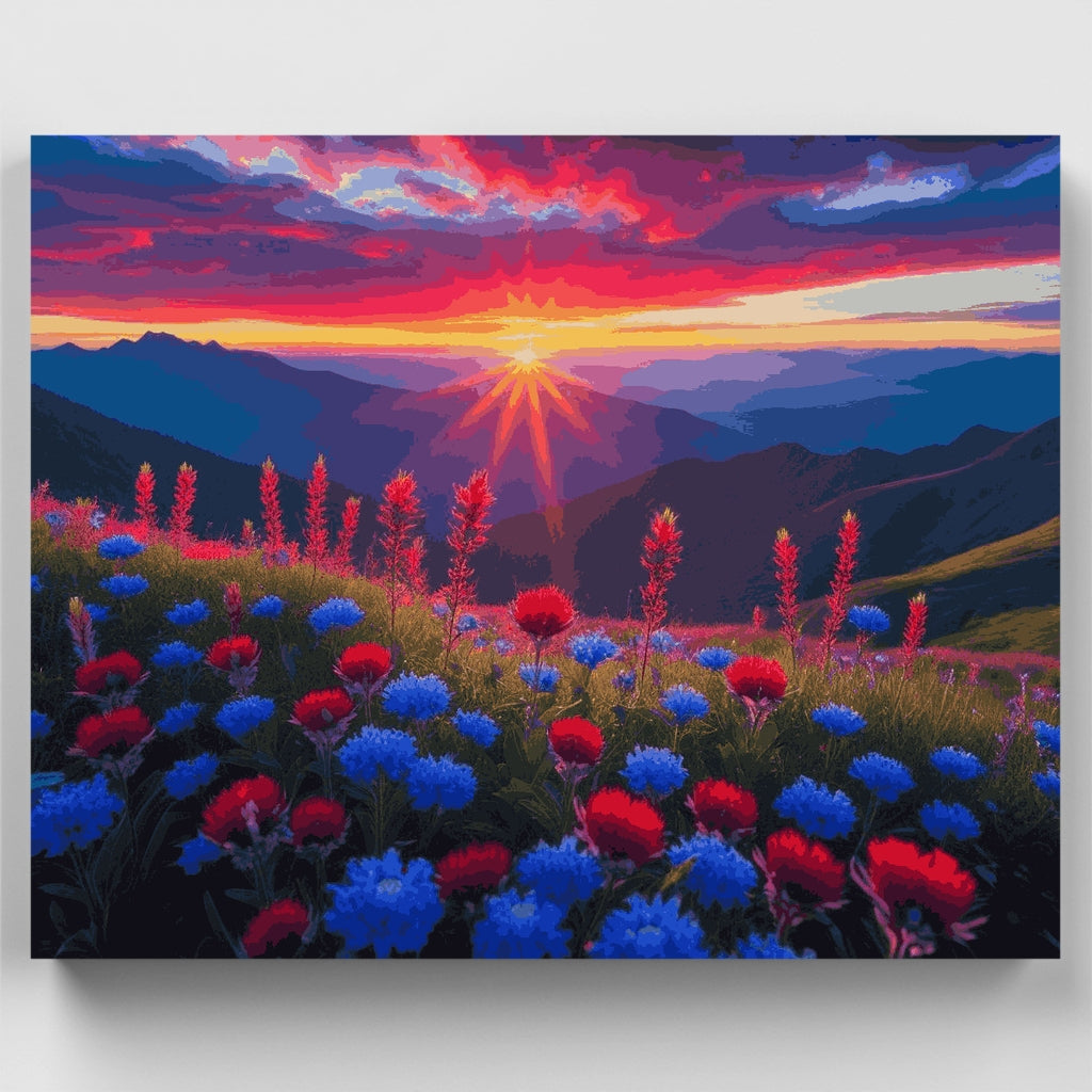 Kit de pintura por números - Atardecer con flores silvestres de montaña — Estándar