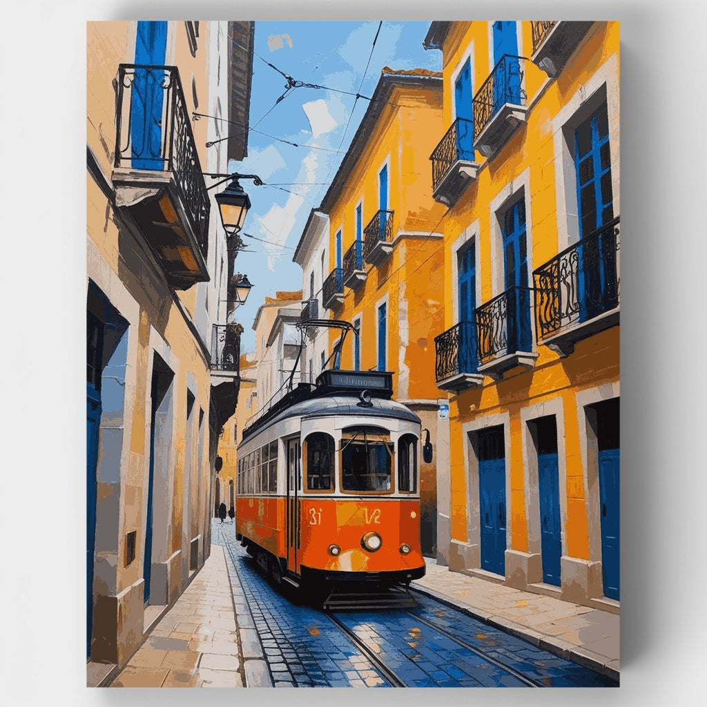 Escena callejera con tranvía europeo - Kit de pintura por números — Estándar