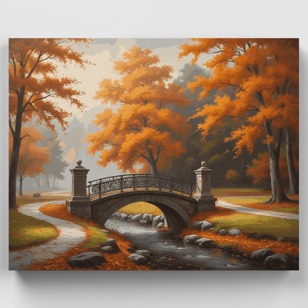 Autumn Stone Bridge in Misty Park - Paint by Numbers Kit