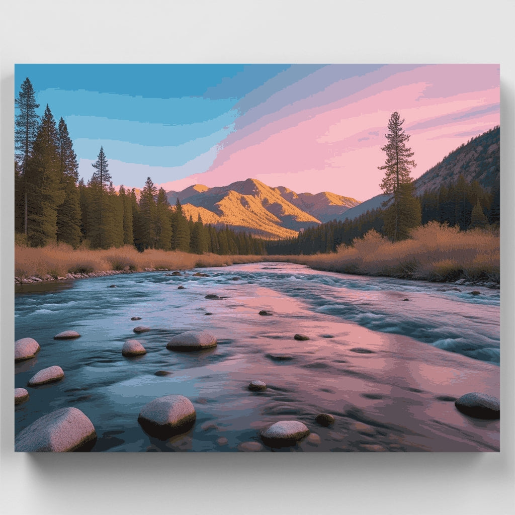 Kit de pintura por números: Atardecer en el río de la montaña — Estándar
