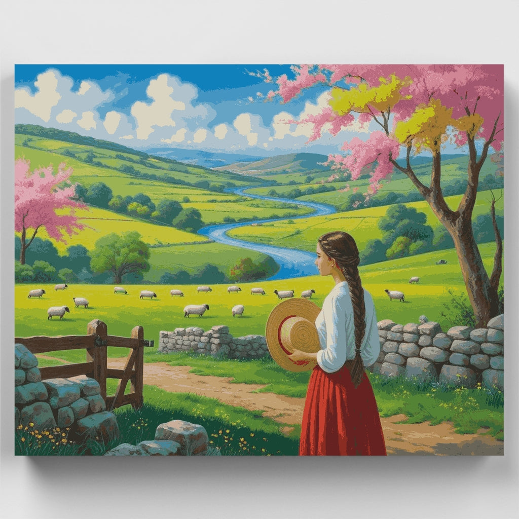 Valle pastoral con flores de cerezo - Kit de pintura por números — Estándar