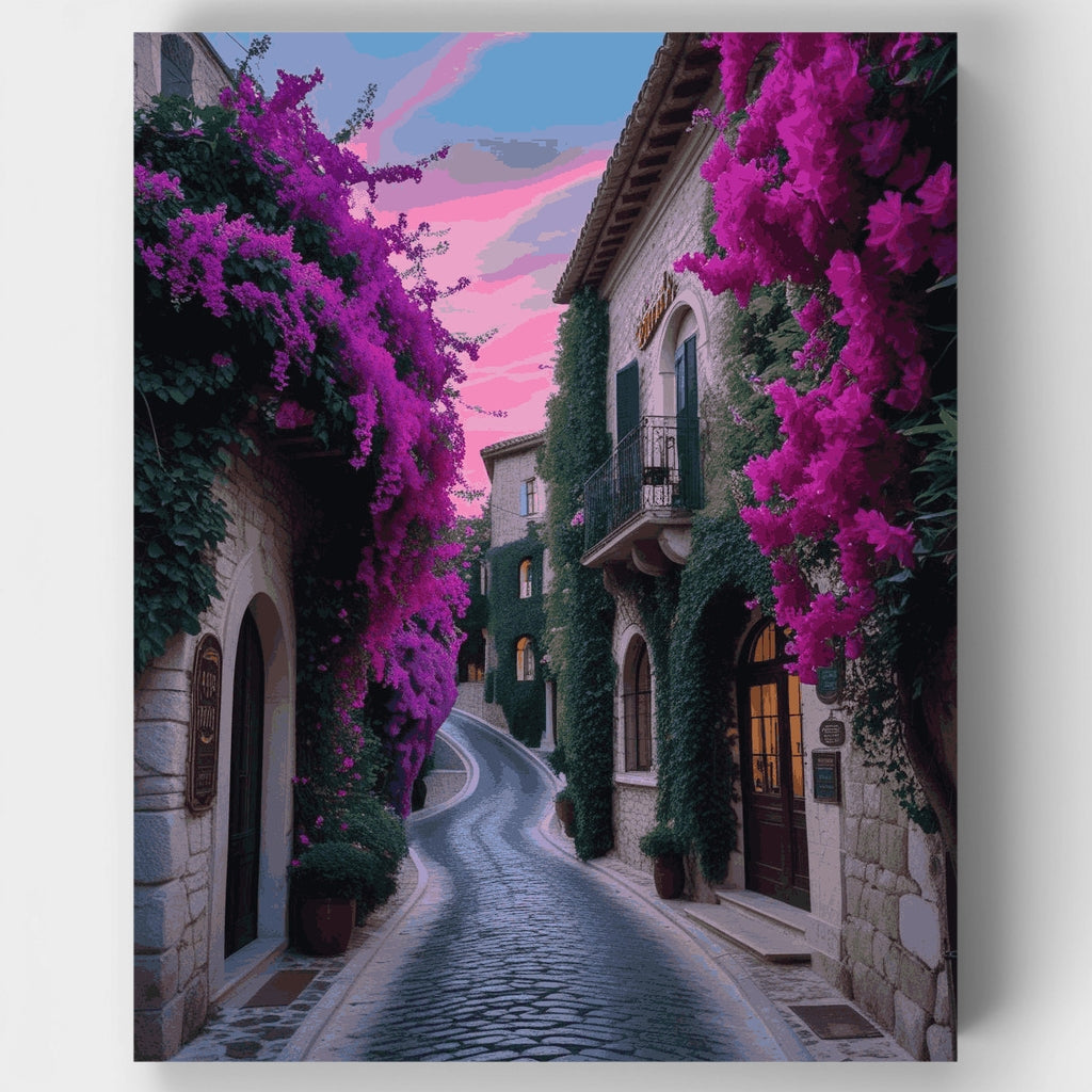 Calle de pueblo mediterráneo con buganvilias moradas - Kit de pintura por números — Estándar