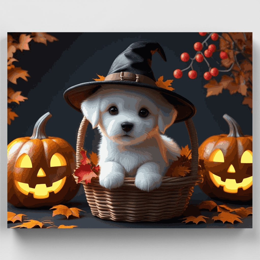 Adorable White Puppy Halloween Witch - Paint by Numbers Kit