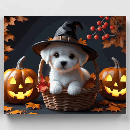 Adorable White Puppy Halloween Witch - Paint by Numbers Kit