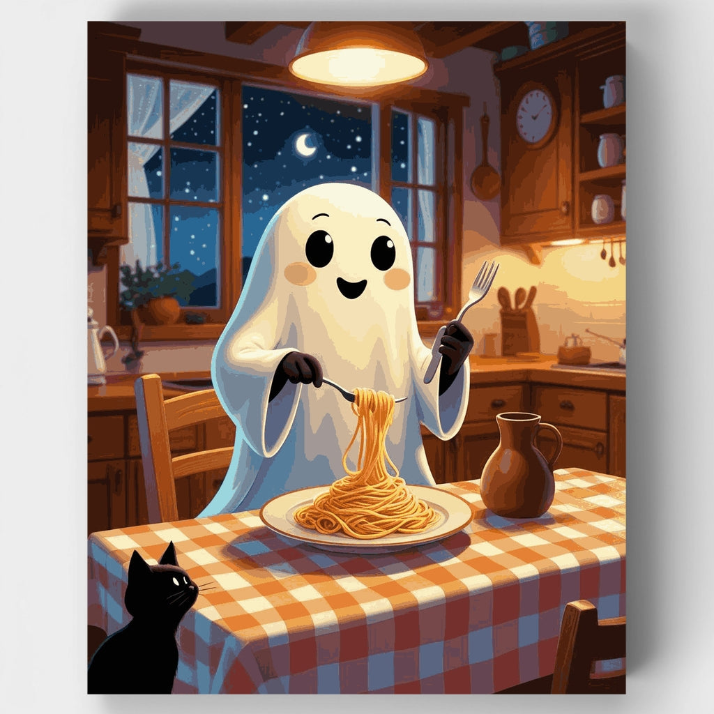 Friendly Ghost Enjoying Spaghetti Dinner - Paint by Numbers Kit