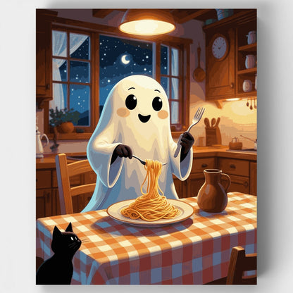 Friendly Ghost Enjoying Spaghetti Dinner - Paint by Numbers Kit