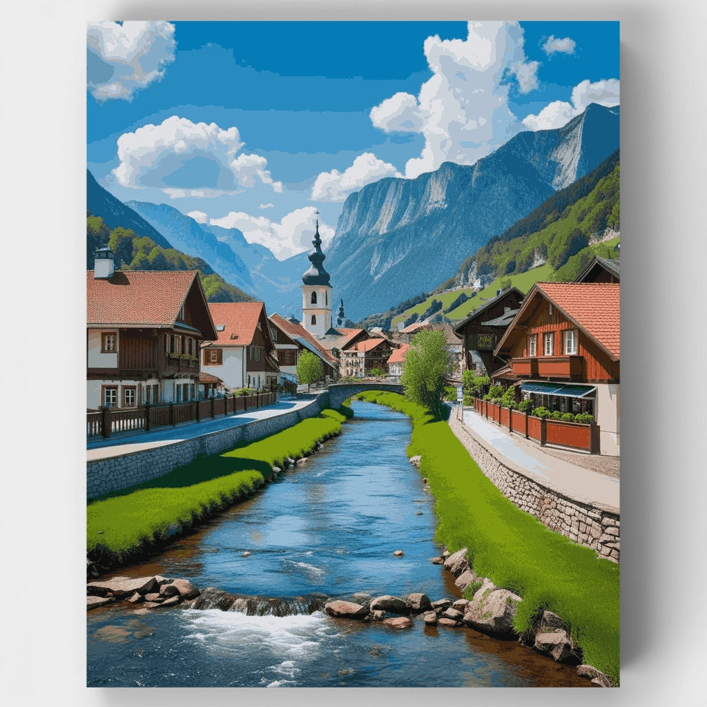 Swiss Alpine Village with River - Paint by Numbers Kit