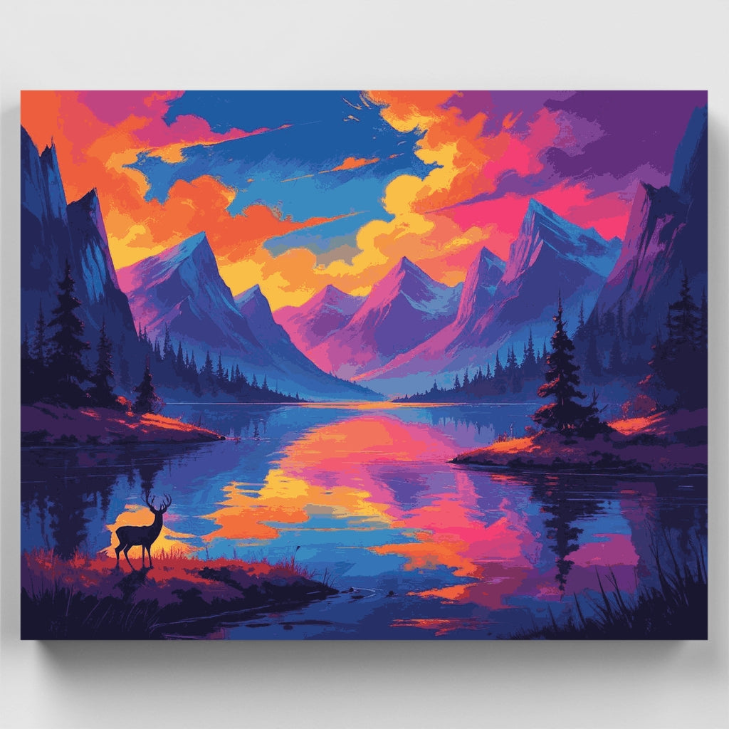 Kit de pintura por números: Ciervo en lago de montaña vibrante — Estándar