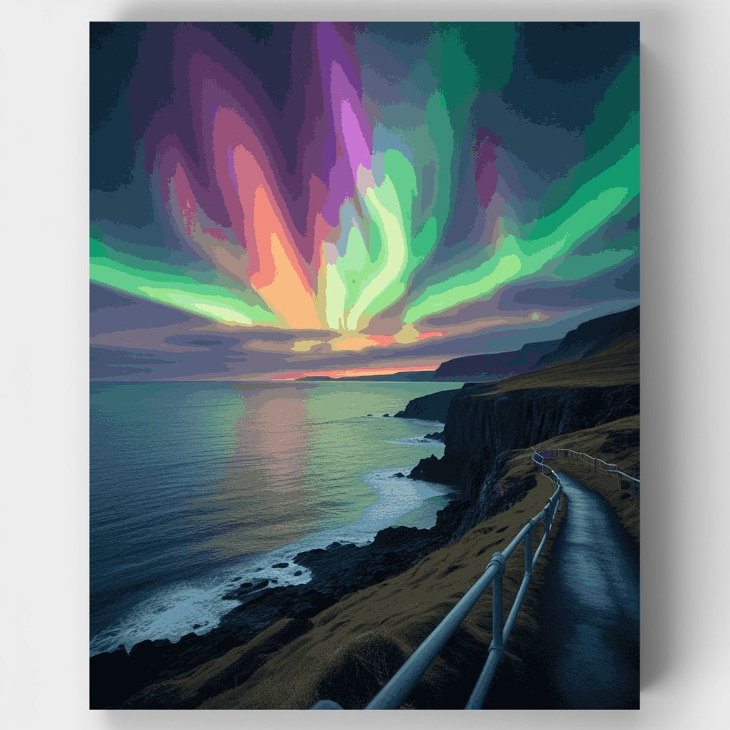 Kit de pintura por números - Carretera costera con auroras boreales — Estándar