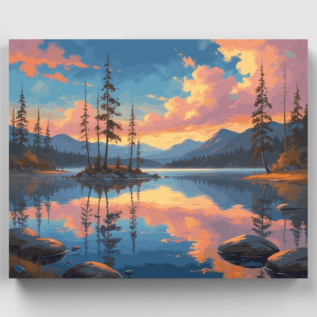 Kit de pintura por números: Reflejo en el lago de la montaña serena — Estándar