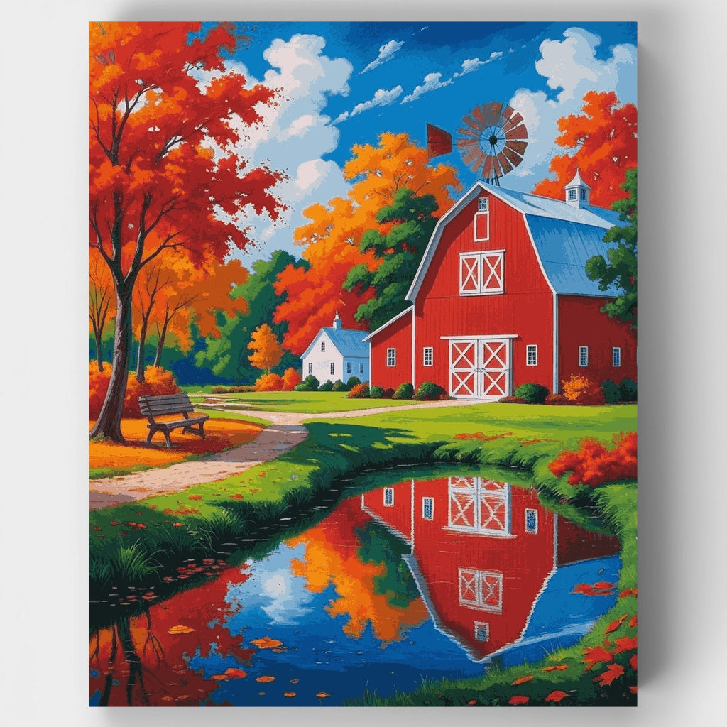 Reflejo de otoño en el granero rojo, paraíso - Kit de pintura por números — Estándar