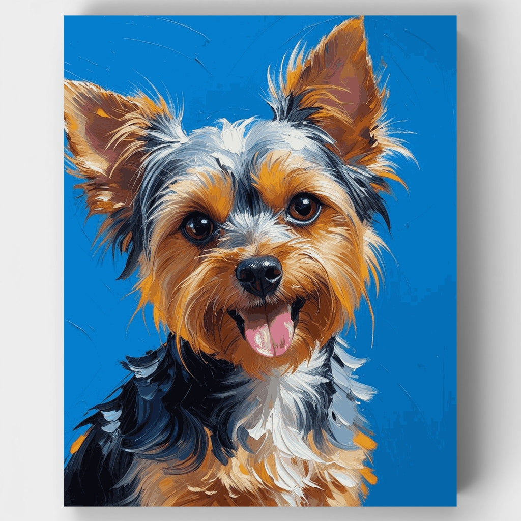 Happy Yorkshire Terrier with Bright Blue Background - Paint by Numbers Kit