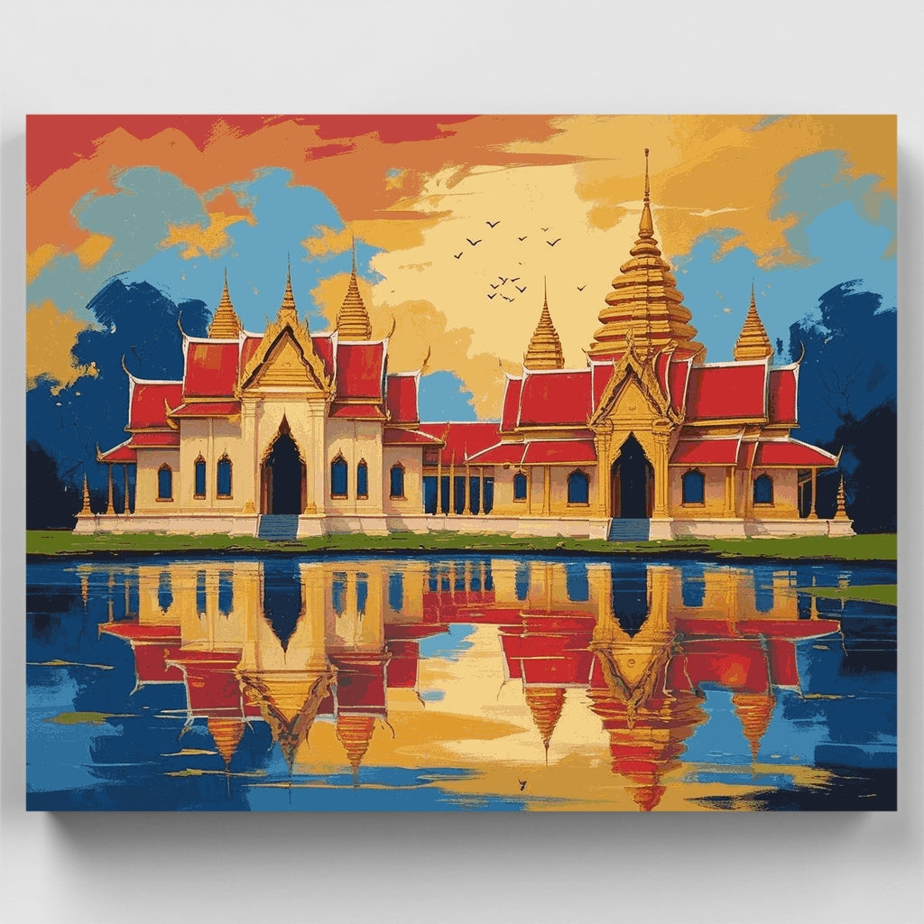 Kit de pintura por números: Atardecer en un templo tailandés — Estándar