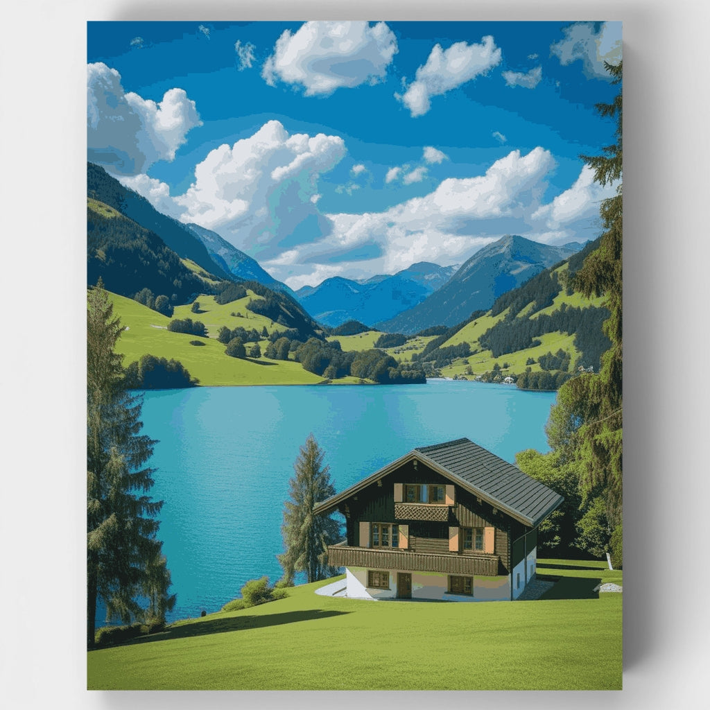 Chalet en un lago de los Alpes suizos - Kit de pintura por números — Estándar