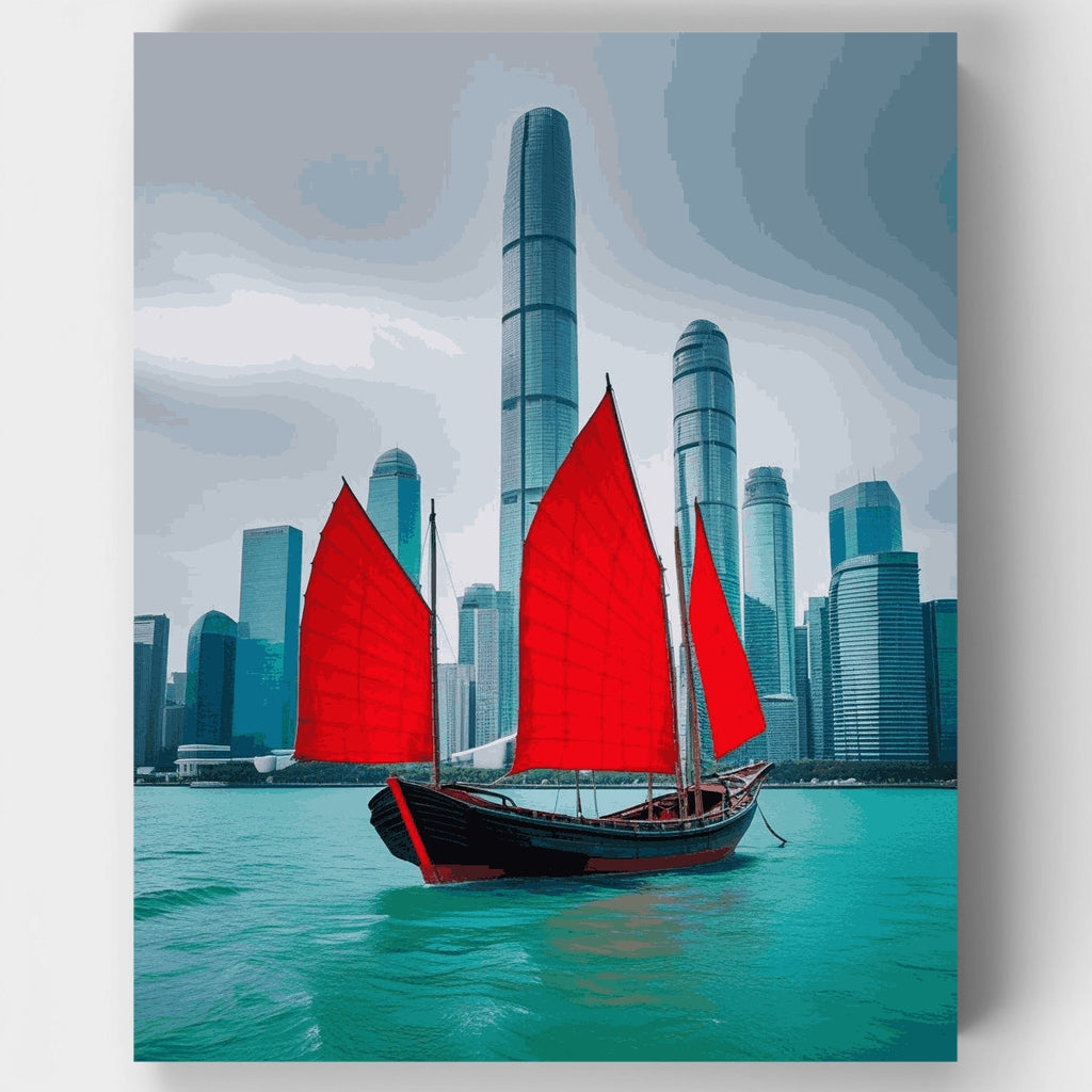 Barco tradicional de vela roja en el puerto de Hong Kong - Kit de pintura por números — Estándar
