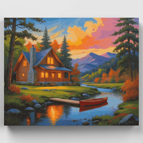 Cozy Log Cabin by the Stream - Paint by Numbers Kit